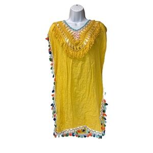 Womens M Yellow Swim Cover Up Beach Dress Tunic‎ Kaftan Fringe Tassels Crochet